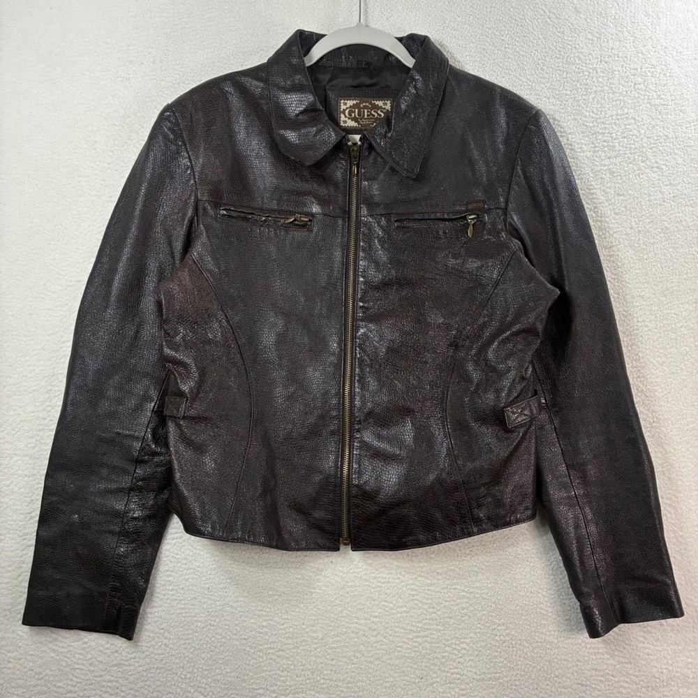 Vintage Guess Faux Snakeskin Leather Jacket Womens Large Brown Biker‎ Full Zip